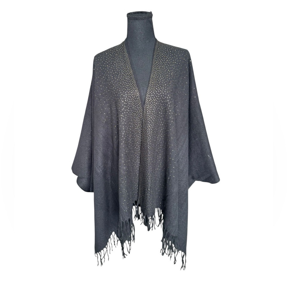 Jessica McClintock Black Studded Kimono Poncho Wrap Fringe Shawl Boho Glam Cape